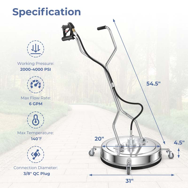 20" 4000 PSI Pressure Washer Surface Cleaner w/Casters, Dual Handles, Stainless Steel Housing, 3/8'' Quick-Connect