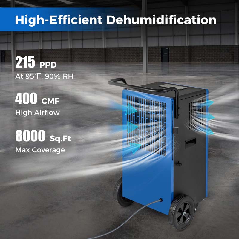 215 Pints 8000 Sq.Ft Commercial Industrial Dehumidifier for Basement Warehouse w/Drain Hose, Handle & Universal Wheels