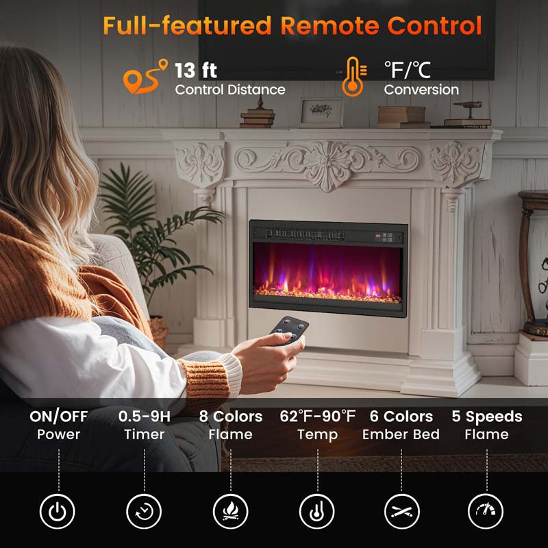 18/23/26 Inch Electric Fireplace Insert, 1500W Recessed Fireplace Heater with Remote Control, 0.5-9H Timer, Adjustable Flame & Ember Bed Color
