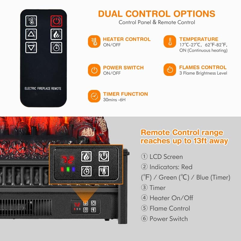 23" Freestanding Electric Fireplace Log Heater, 1400W Electric Stove Insert with Realistic Flame & Remote Control