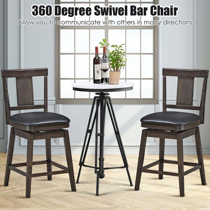 24"/29" Classic Wooden Swivel Bar Stool Leather Padded Bar Height Chair with Slat Back & Rubber Wood Legs