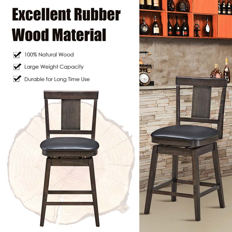 24"/29" Classic Wooden Swivel Bar Stool Leather Padded Bar Height Chair with Slat Back & Rubber Wood Legs