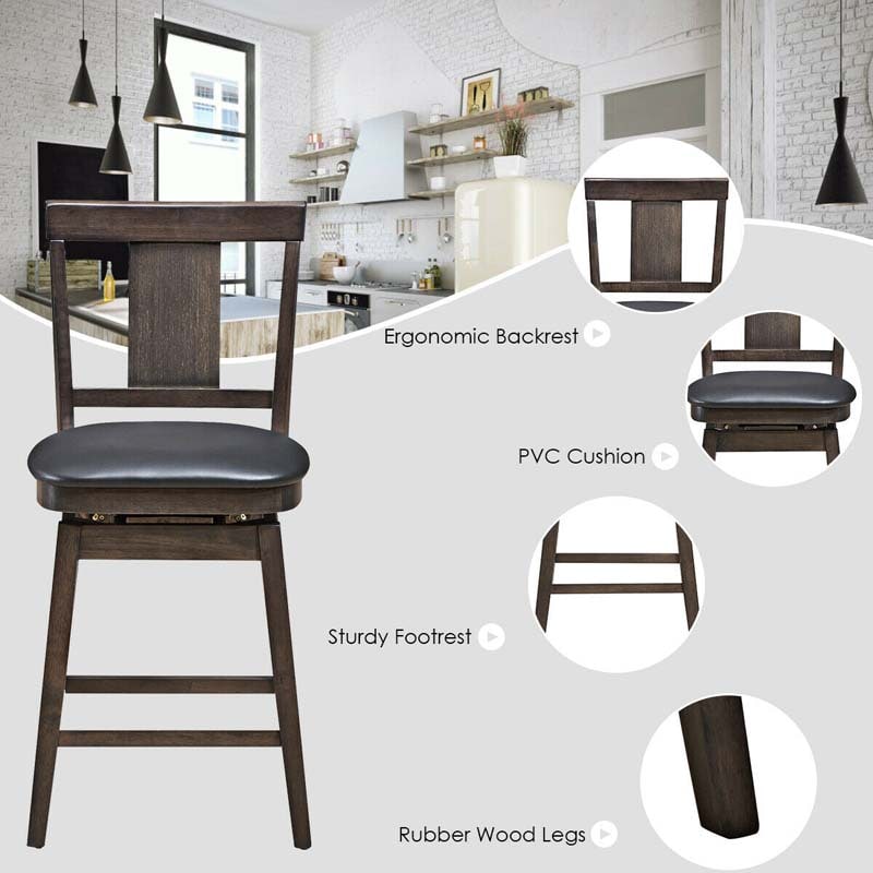 24"/29" Classic Wooden Swivel Bar Stool Leather Padded Bar Height Chair with Slat Back & Rubber Wood Legs