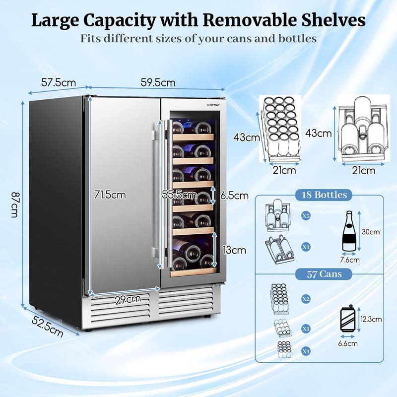 24" Dual Zone Under Counter Wine Beverage Refrigerator Cooler w/Lock, Built-in & Freestanding Wine Fridge Holds 19 Bottles & 57 Cans