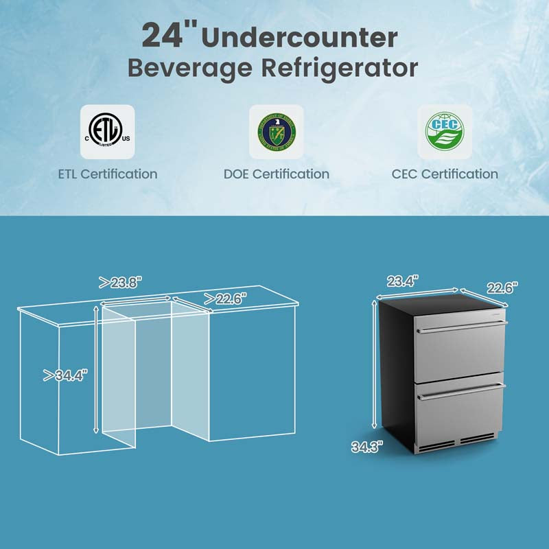 4.9 Cu.Ft Dual Drawer Fridge with 37?-64? Temperature Range, 24 Inch Under Counter & Freestanding Refrigerator Cooler for Beverages Wine Vegetables Fruits