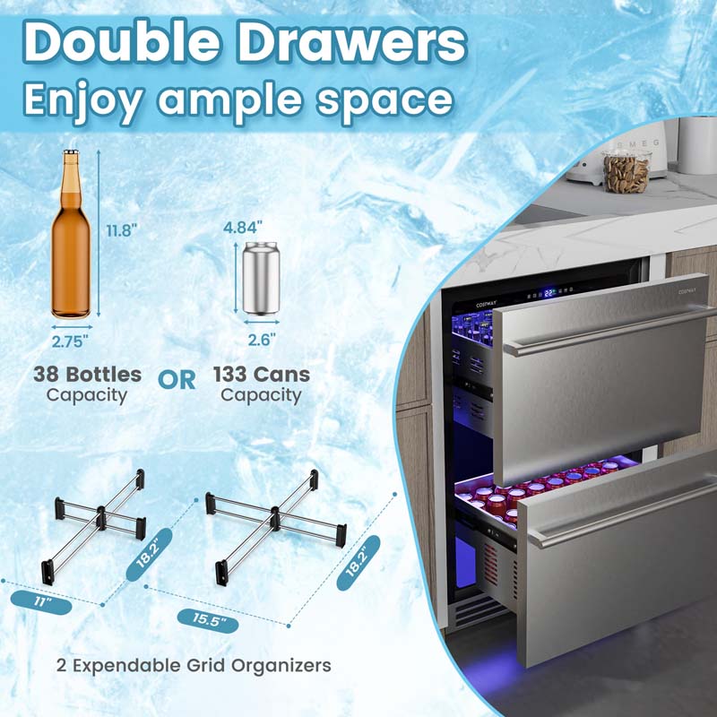 4.9 Cu.Ft Dual Drawer Fridge with 37?-64? Temperature Range, 24 Inch Under Counter & Freestanding Refrigerator Cooler for Beverages Wine Vegetables Fruits