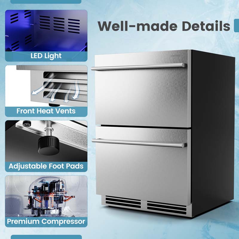 4.9 Cu.Ft Dual Drawer Fridge with 37?-64? Temperature Range, 24 Inch Under Counter & Freestanding Refrigerator Cooler for Beverages Wine Vegetables Fruits