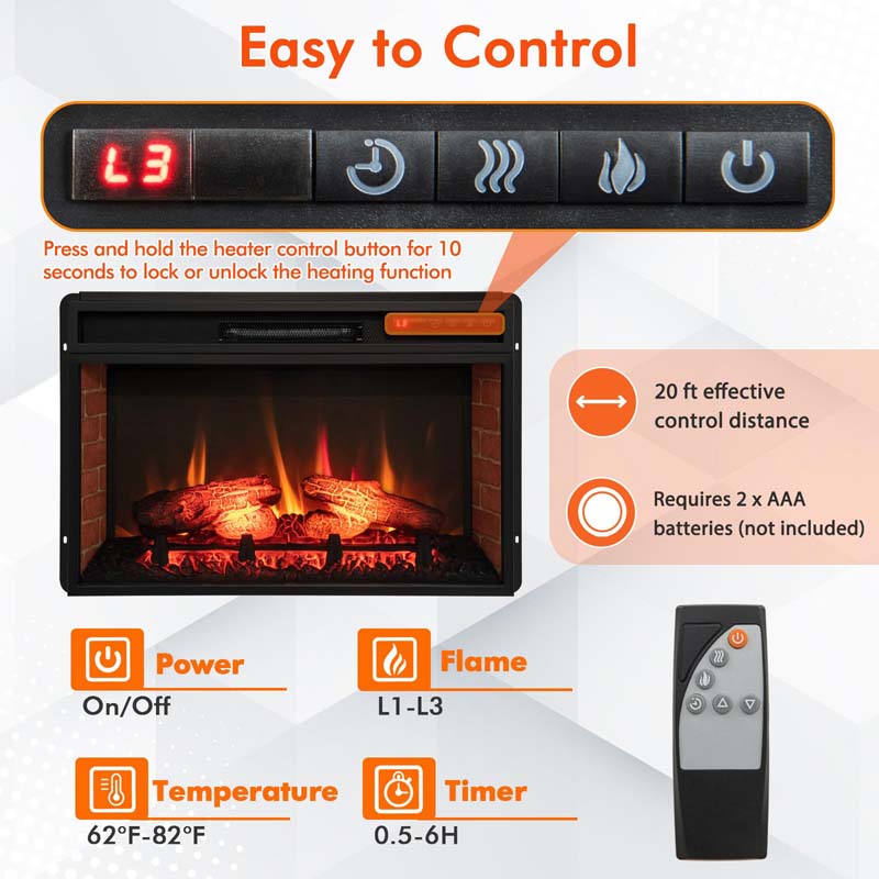 26" 4777 BTU Electric Fireplace Insert for TV Stand, 1400W Recessed Freetanding Fireplace Heater with 3-Level Flame, Remote