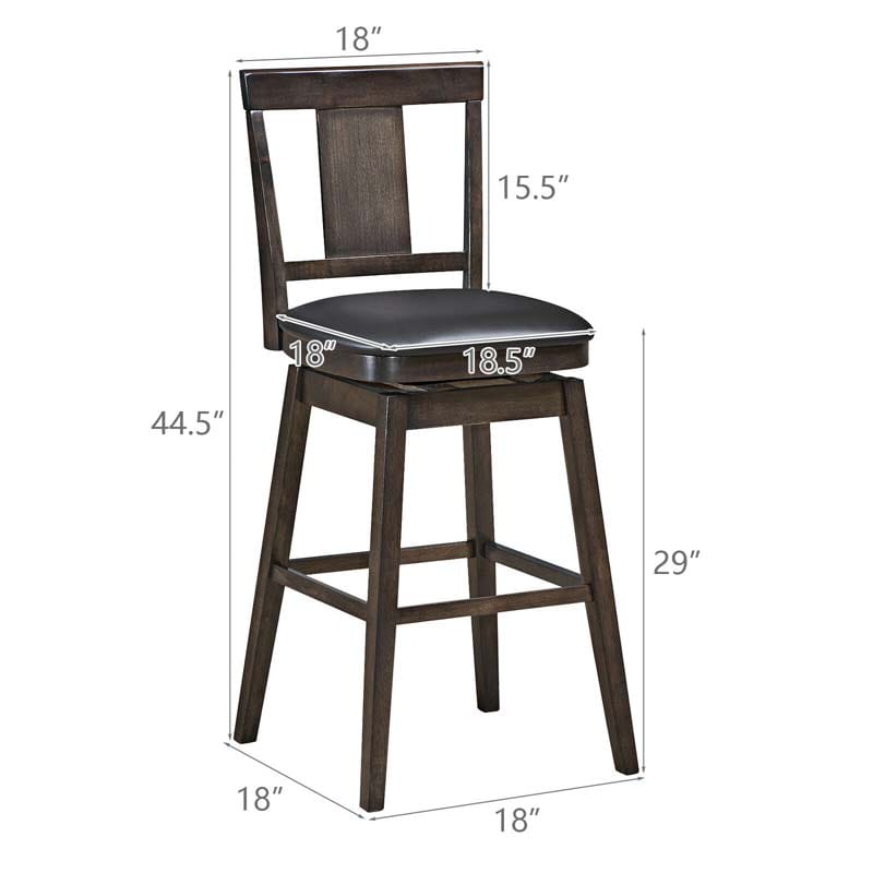24"/29" Classic Wooden Swivel Bar Stool Leather Padded Bar Height Chair with Slat Back & Rubber Wood Legs