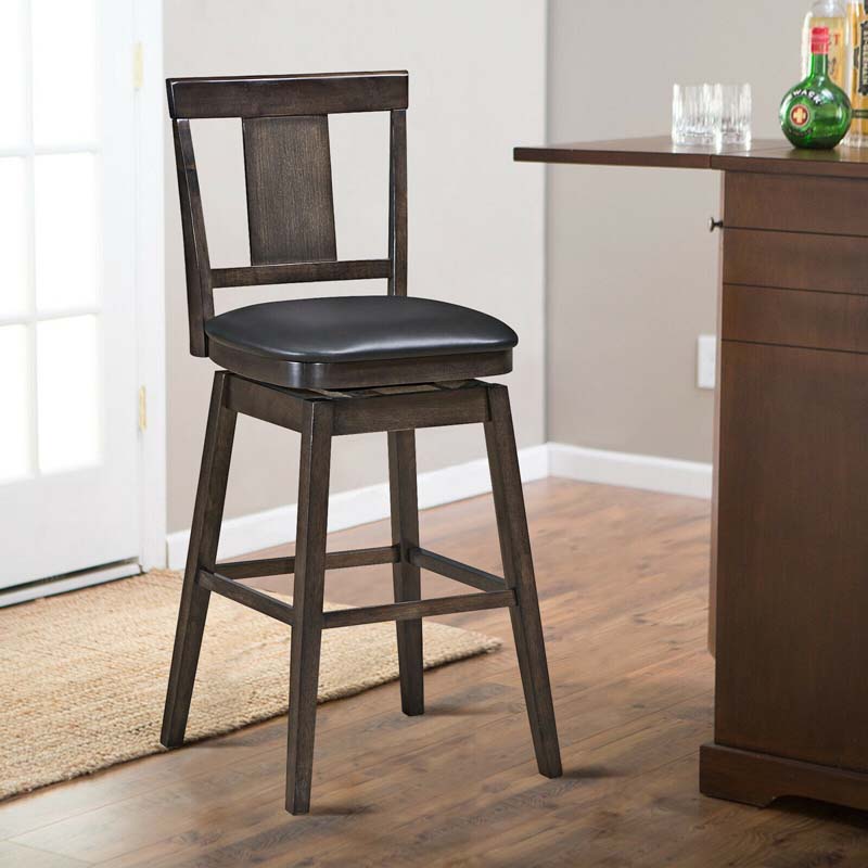 24"/29" Classic Wooden Swivel Bar Stool Leather Padded Bar Height Chair with Slat Back & Rubber Wood Legs