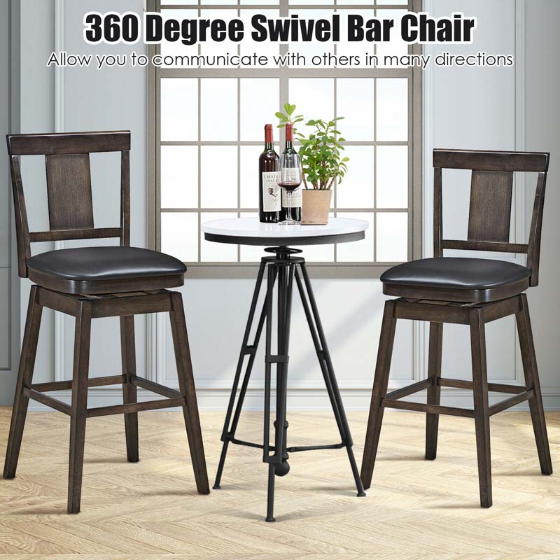 24"/29" Classic Wooden Swivel Bar Stool Leather Padded Bar Height Chair with Slat Back & Rubber Wood Legs