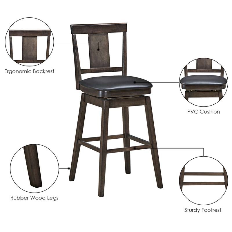 24"/29" Classic Wooden Swivel Bar Stool Leather Padded Bar Height Chair with Slat Back & Rubber Wood Legs