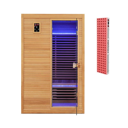 2-Person Far Infrared Wooden Sauna Room for Home, Canadian Hemlock Indoor Sauna w/Detachable Red Light Therapy Panel