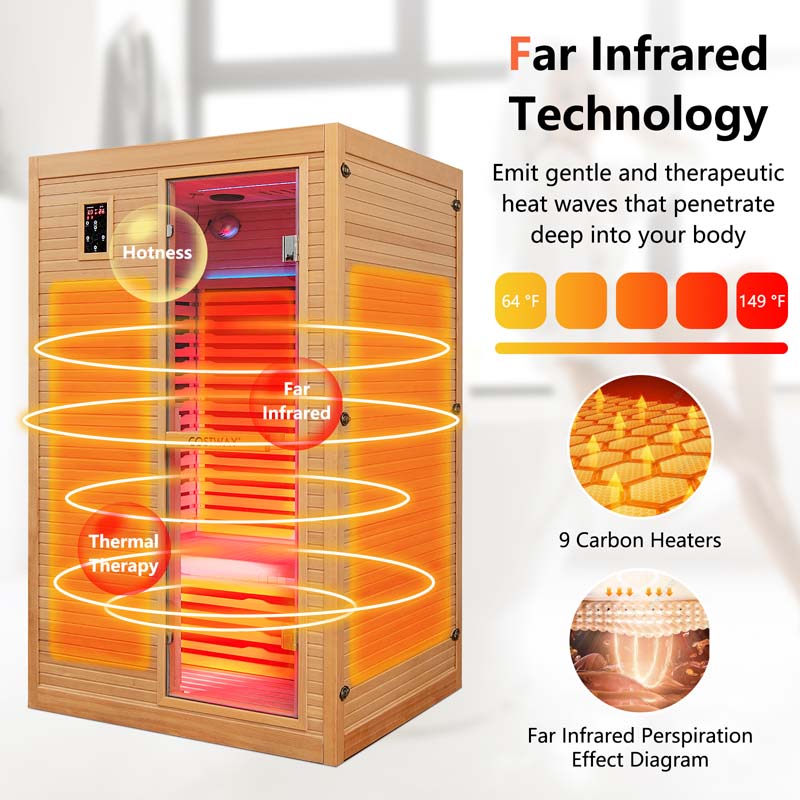2-Person Far Infrared Wooden Sauna Room for Home, Canadian Hemlock Indoor Sauna w/Detachable Red Light Therapy Panel