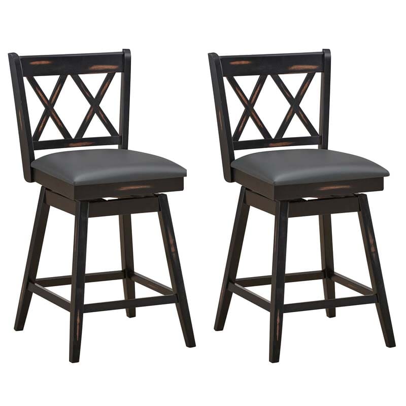 2 Pcs 25" Swivel Bar Stools with Back & Rubber Wood Legs, Upholstered Counter Height Bar Chairs for Pub