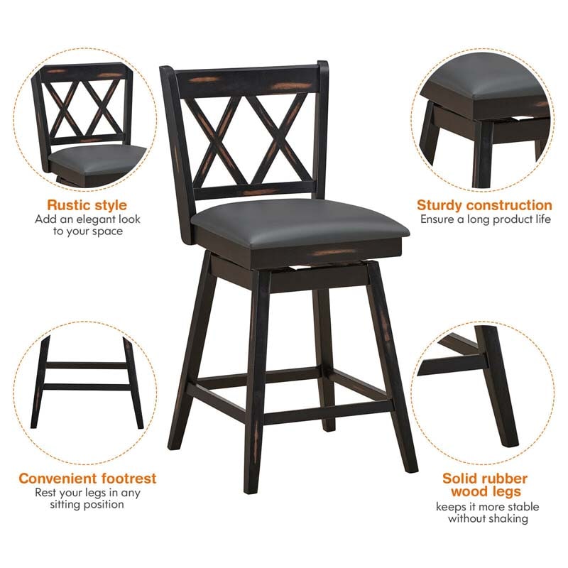 2 Pcs 25" Swivel Bar Stools with Back & Rubber Wood Legs, Upholstered Counter Height Bar Chairs for Pub