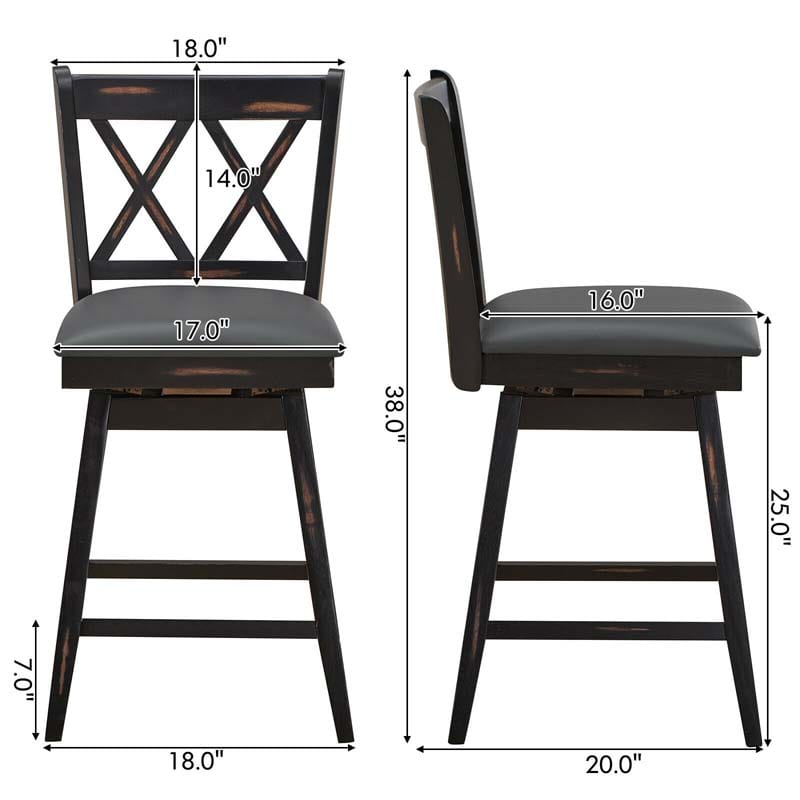 2 Pcs 25" Swivel Bar Stools with Back & Rubber Wood Legs, Upholstered Counter Height Bar Chairs for Pub