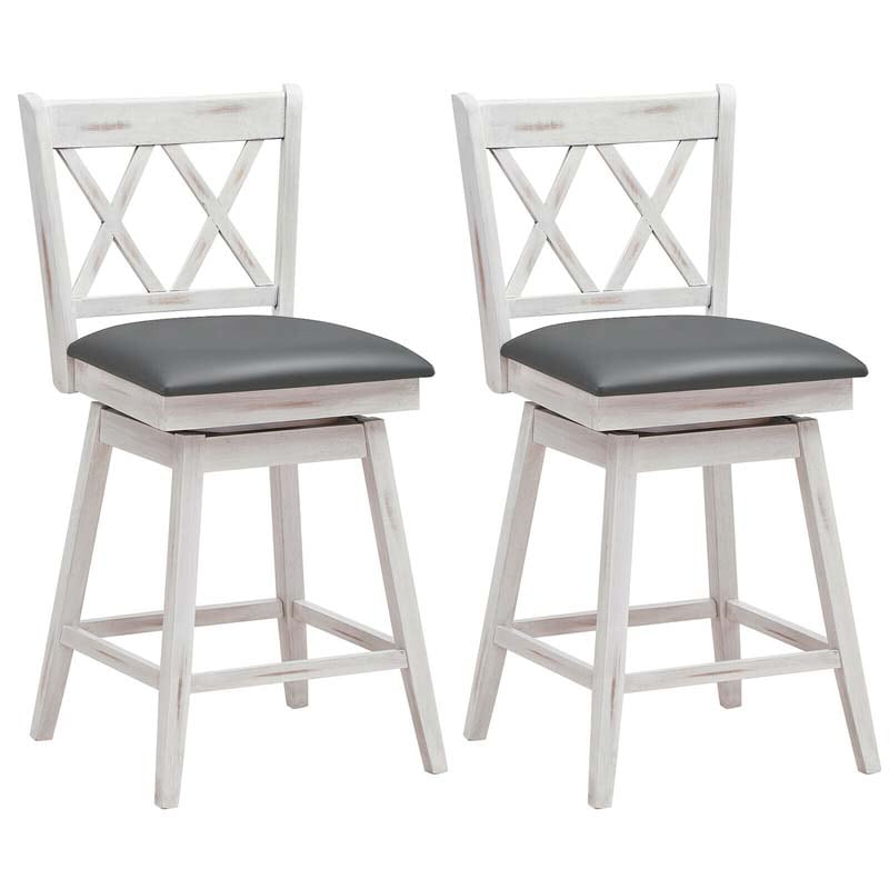 2 Pcs 25" Swivel Bar Stools with Back & Rubber Wood Legs, Upholstered Counter Height Bar Chairs for Pub