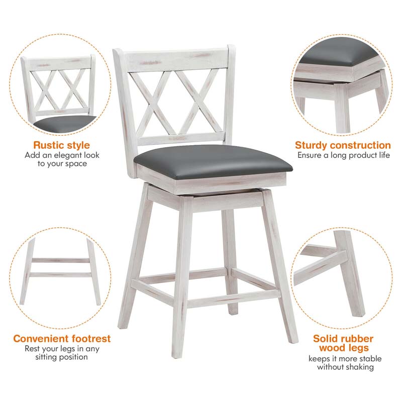 2 Pcs 25" Swivel Bar Stools with Back & Rubber Wood Legs, Upholstered Counter Height Bar Chairs for Pub