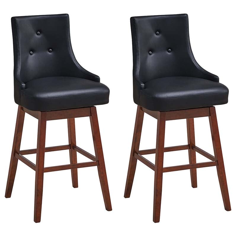 2-Pack 29" Upholstered Swivel Bar Stools with Button Tufted Backrest & Rubber Wood Legs