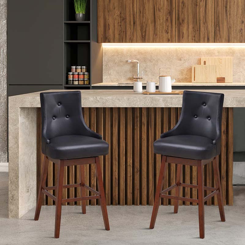 2-Pack 29" Upholstered Swivel Bar Stools with Button Tufted Backrest & Rubber Wood Legs