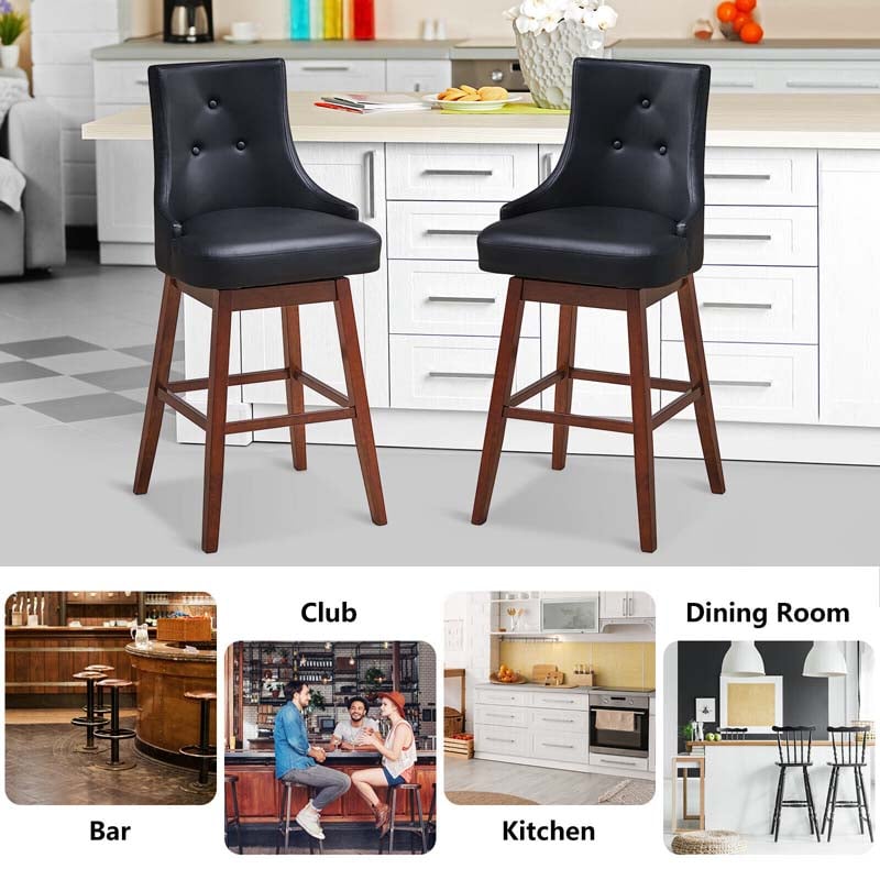 2-Pack 29" Upholstered Swivel Bar Stools with Button Tufted Backrest & Rubber Wood Legs