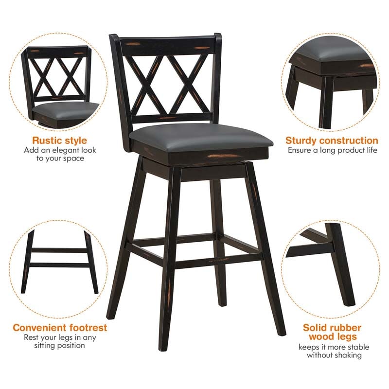 2 Pcs 29" Swivel Bar Stools with Back & Rubber Wood Legs, Upholstered Counter Height Bar Chairs for Pub
