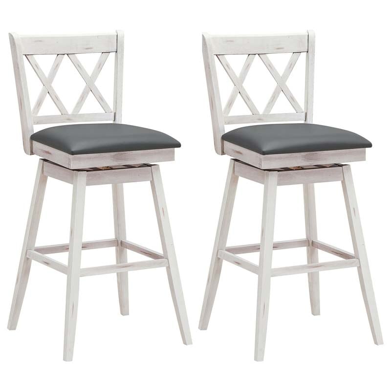 2 Pcs 29" Swivel Bar Stools with Back & Rubber Wood Legs, Upholstered Counter Height Bar Chairs for Pub