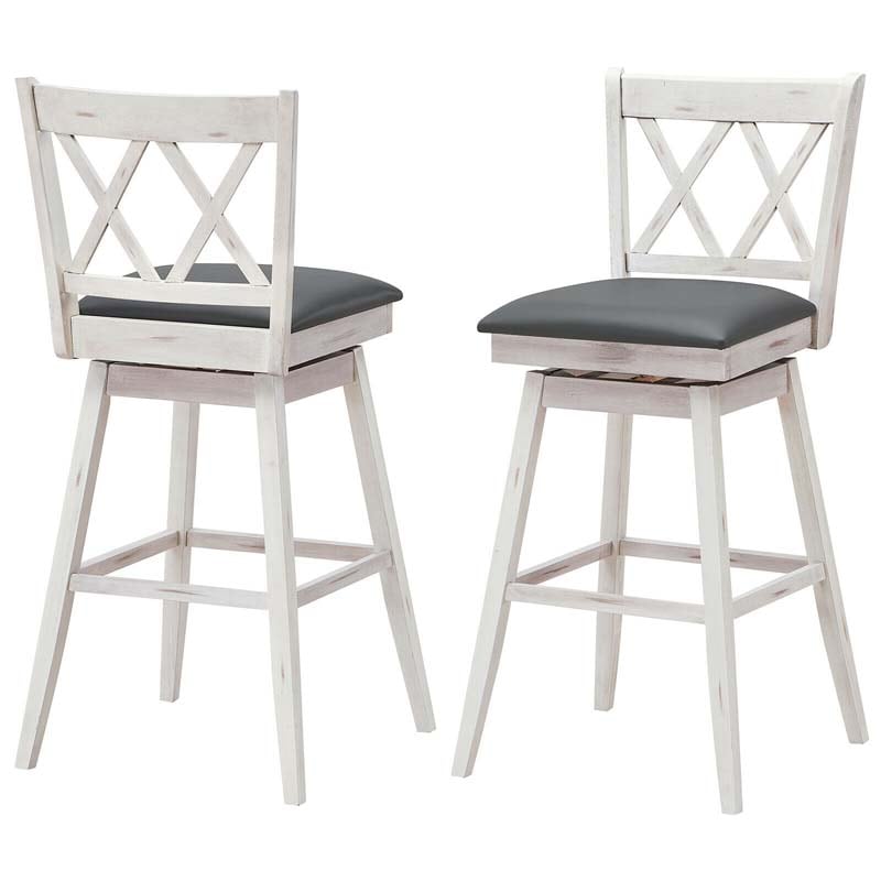 2 Pcs 29" Swivel Bar Stools with Back & Rubber Wood Legs, Upholstered Counter Height Bar Chairs for Pub