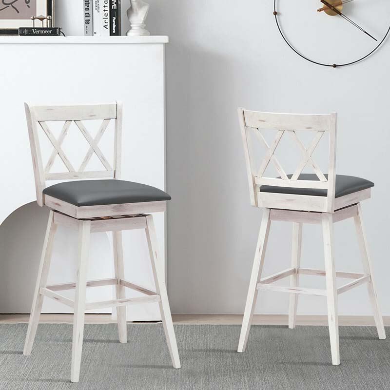 2 Pcs 29" Swivel Bar Stools with Back & Rubber Wood Legs, Upholstered Counter Height Bar Chairs for Pub