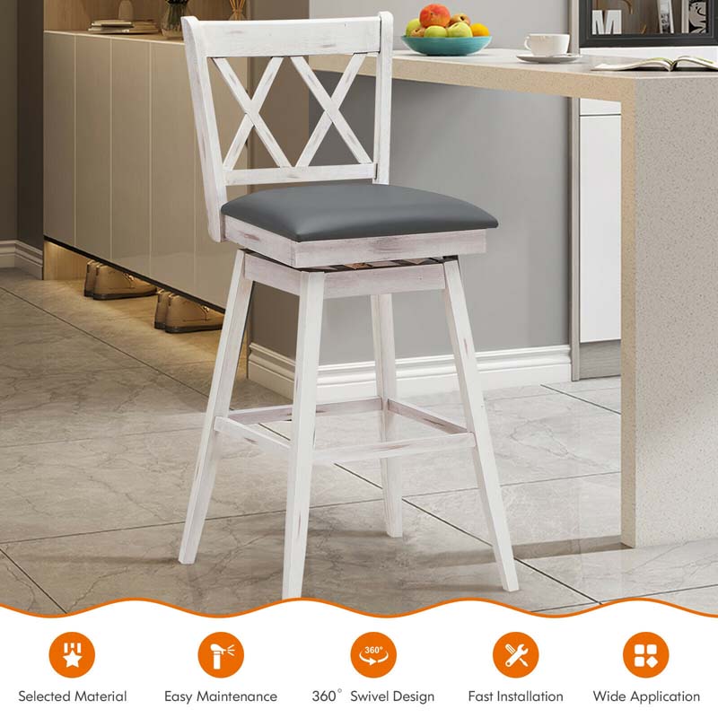 2 Pcs 29" Swivel Bar Stools with Back & Rubber Wood Legs, Upholstered Counter Height Bar Chairs for Pub