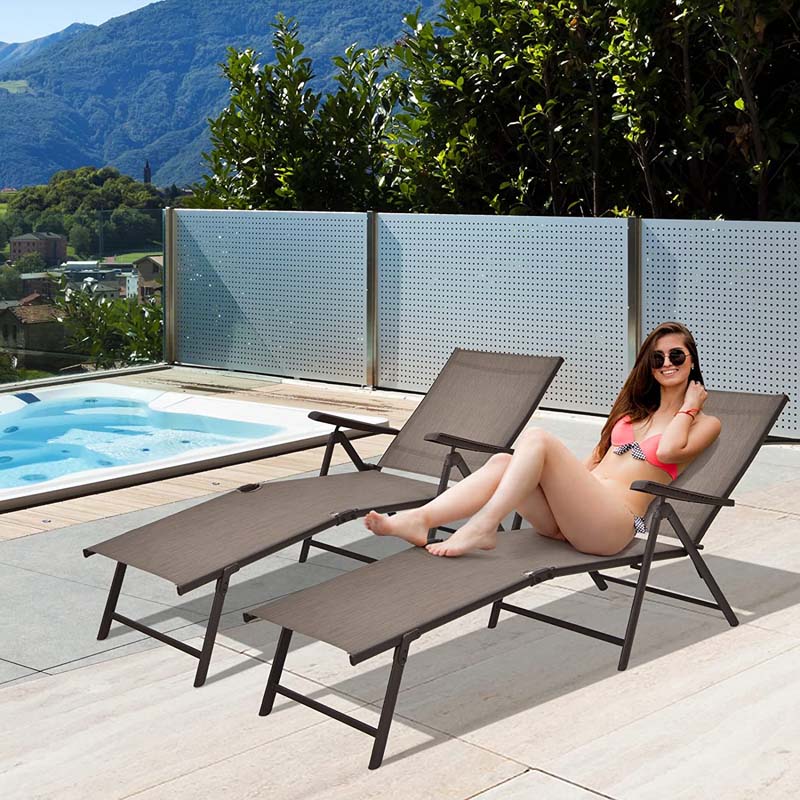 Set of 2 Folding Chaise Lounge Chair with 5-Position Adjustable Backrest & 2-Position Footrest, Fabric Seat Sun Lounger for Pool Deck Beach