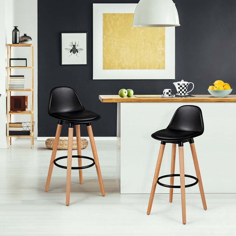 2 Pcs 28.5" Mid-Century Bar Stools Upholstered Counter Height Bar Chairs w/Curved Backrest & Metal Footrest