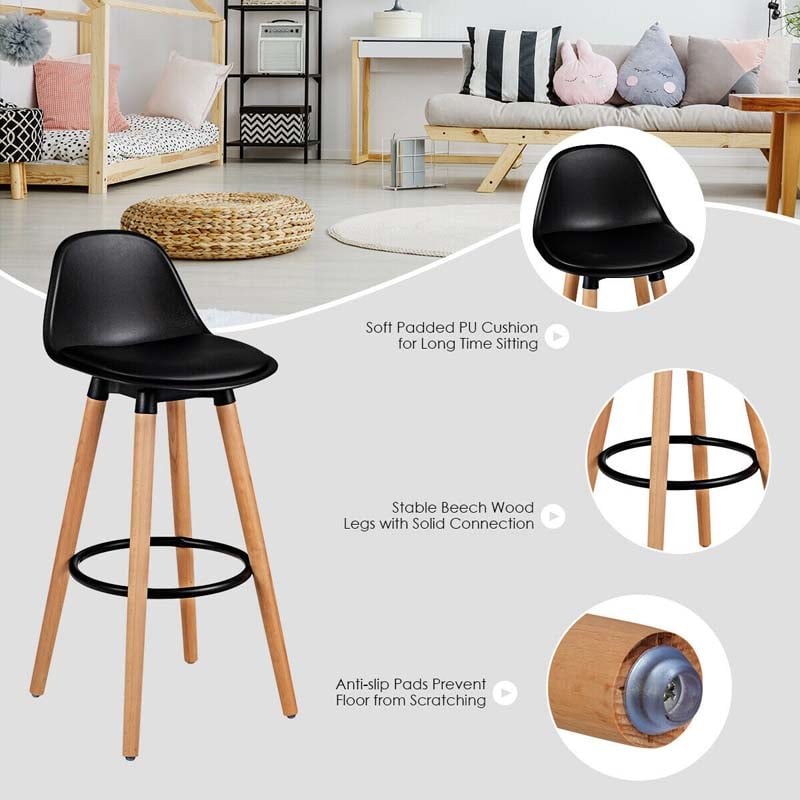 2 Pcs 28.5" Mid-Century Bar Stools Upholstered Counter Height Bar Chairs w/Curved Backrest & Metal Footrest