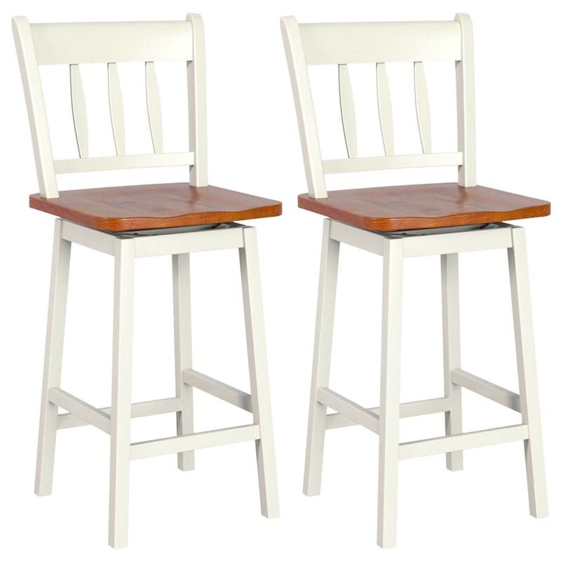 2 Pcs 24.5" Rubber Wood Vintage Bar Chairs 360 Degree Swivel Bar Stools with Back & Footrest