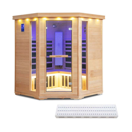3-5 Person Far Infrared Wooden Sauna Room for Home, Canadian Hemlock Indoor Sauna w/Detachable Red Light Therapy Panel