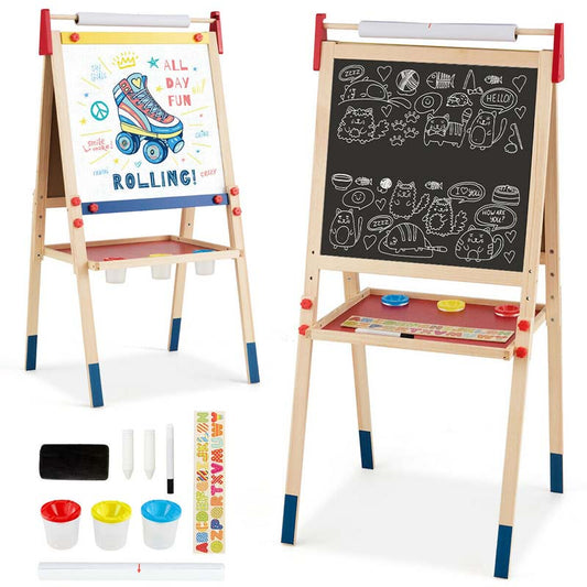 3-in-1 Wooden Height Adjustable Kid's Art Easel with Magnetic Chalkboard & Whiteboard, Paper Roll