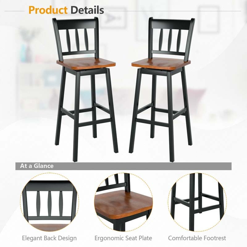 2 Pcs 30.5" Rubber Wood Vintage Bar Chairs 360 Degree Swivel Bar Stools with Back & Footrest