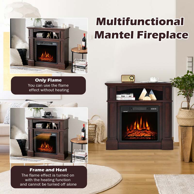 32" Electric Fireplace Mantel, Freestanding Wooden Surround Firebox with 1400W Fireplace Heater, Remote, Thermostat, 6H Timer