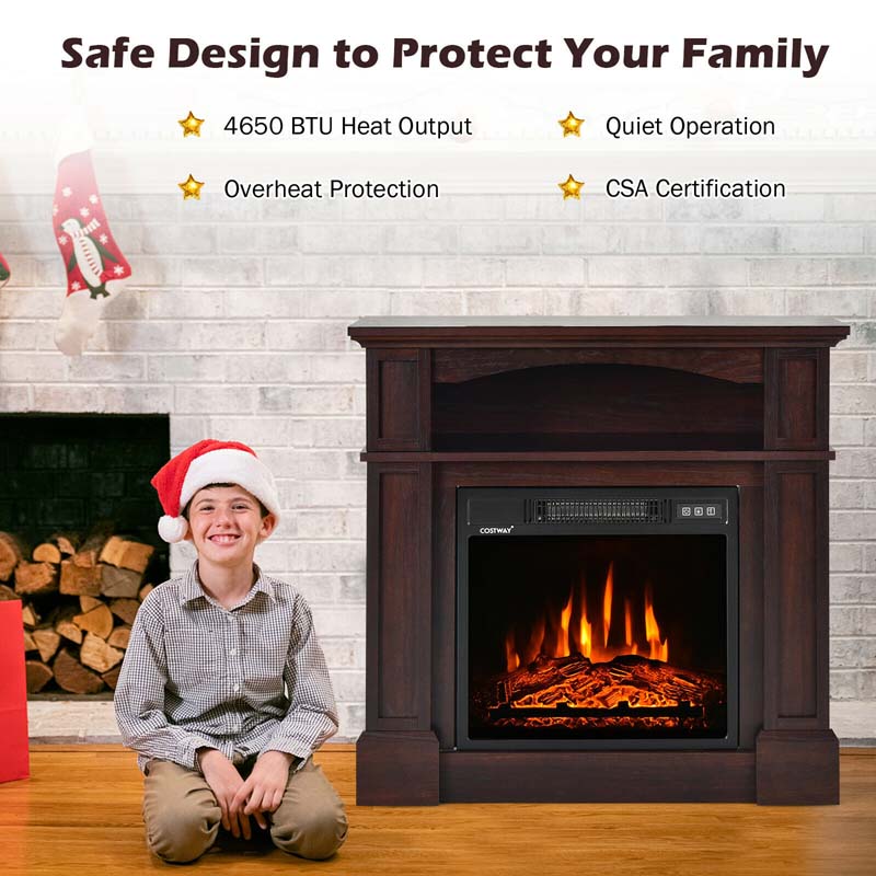 32" Electric Fireplace Mantel, Freestanding Wooden Surround Firebox with 1400W Fireplace Heater, Remote, Thermostat, 6H Timer