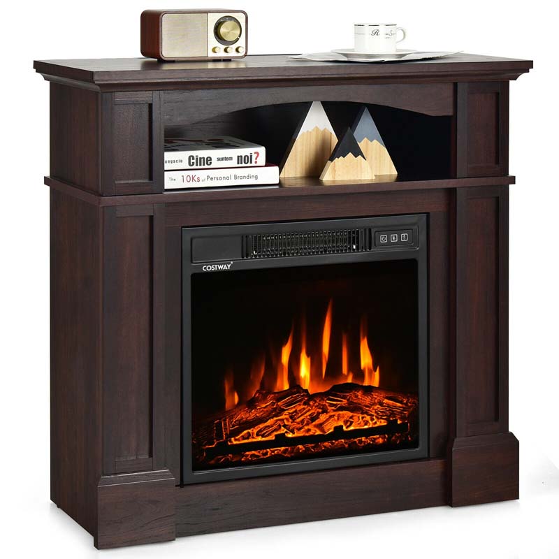 32" Electric Fireplace Mantel, Freestanding Wooden Surround Firebox with 1400W Fireplace Heater, Remote, Thermostat, 6H Timer
