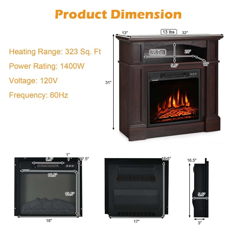 32" Electric Fireplace Mantel, Freestanding Wooden Surround Firebox with 1400W Fireplace Heater, Remote, Thermostat, 6H Timer