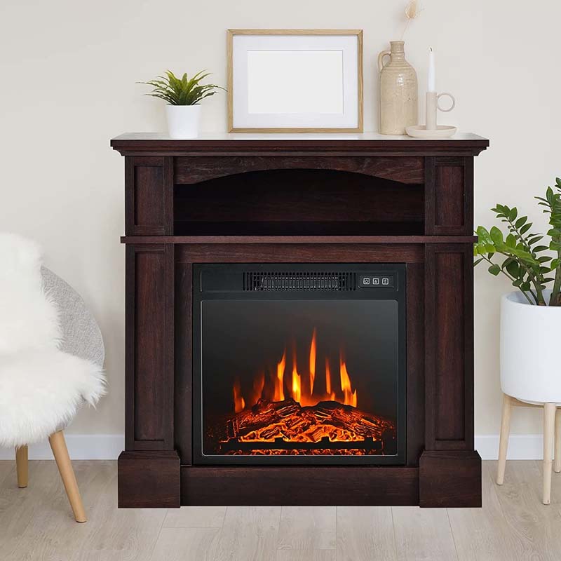 32" Electric Fireplace Mantel, Freestanding Wooden Surround Firebox with 1400W Fireplace Heater, Remote, Thermostat, 6H Timer