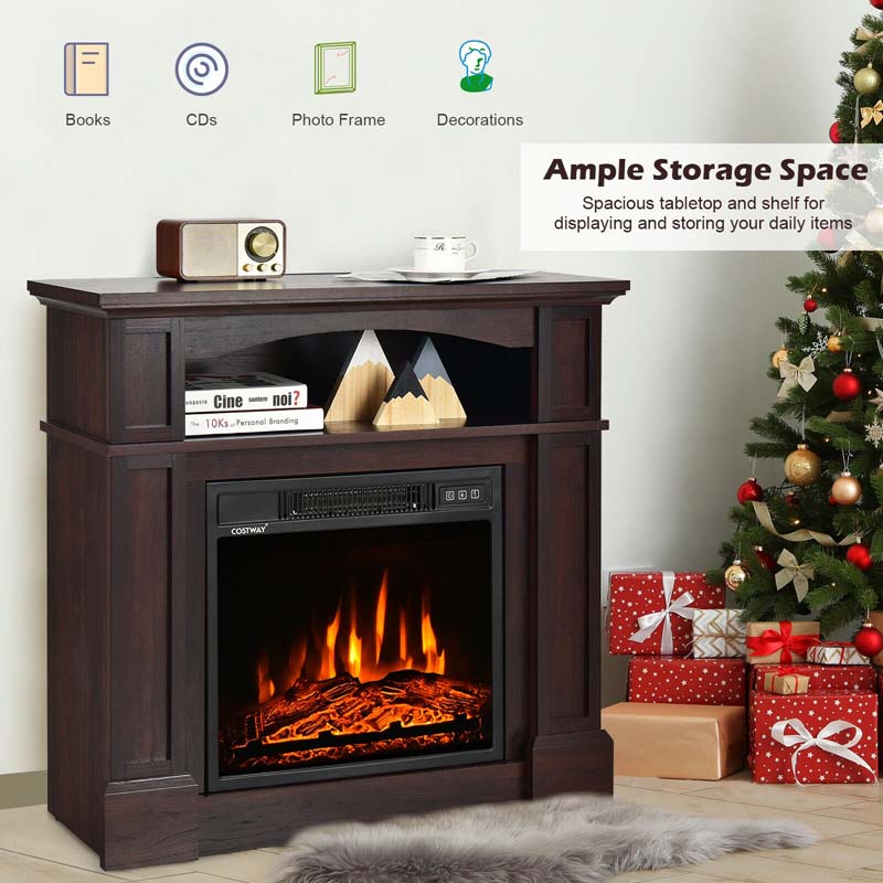 32" Electric Fireplace Mantel, Freestanding Wooden Surround Firebox with 1400W Fireplace Heater, Remote, Thermostat, 6H Timer