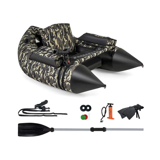 350 LBS Inflatable Boat Belly Boat Fishing Float Tube w/Adjustable Shoulder Straps, Paddle, Flippers, Fishing Rod Holder, Fish Ruler, Storage