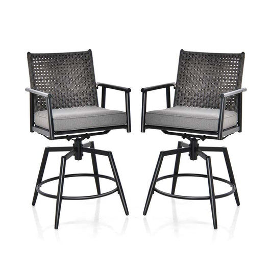 360 Swivel Bar Stools Patio Counter Height Bar Chair with PE Rattan Backrest, Metal Frame, Removable Seat Cushion & Footrest