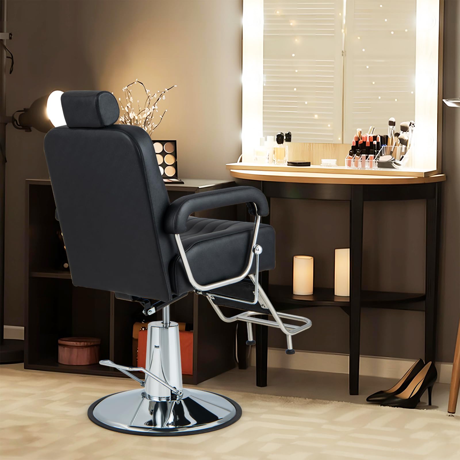 360° Swivel Hydraulic Salon Barber Chair for Hair Stylist w/Headrest & Recline Backrest, Spa Equipment Tattoo Chair Makeup Station