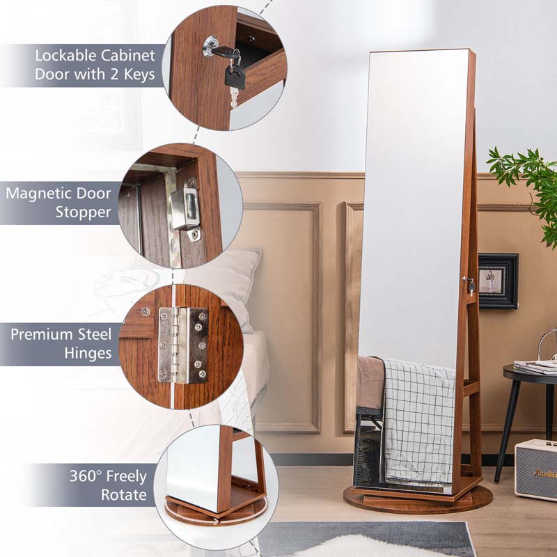 63.5"H 360 Swivel Jewelry Armoire w/Full Length Mirror, 3-Color LED lights, Rear Storage Shelves, Lockable Standing Jewelry Cabinet Organizer