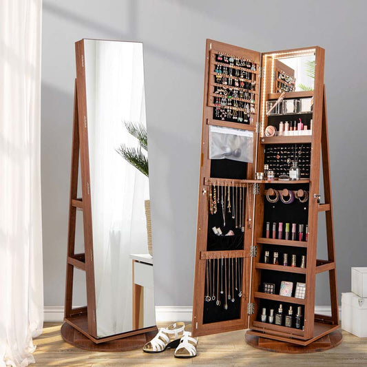 63.5"H 360 Swivel Jewelry Armoire w/Full Length Mirror, 3-Color LED lights, Rear Storage Shelves, Lockable Standing Jewelry Cabinet Organizer