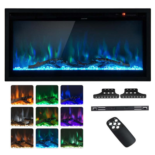 36"/42"/50" Wide Electric Fireplace Recessed/Wall Mounted/Freestanding, 750W/1500W Linear Fireplace Heater Insert with 9 Flame Color